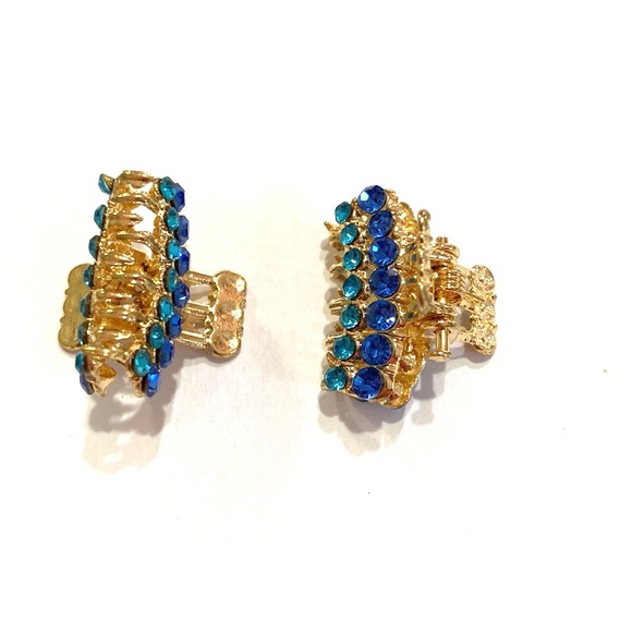 Jaw Clips Set Of 2 Gold Tone With Blue Rhinestones Mini Hair Claws - Picture 3 of 4